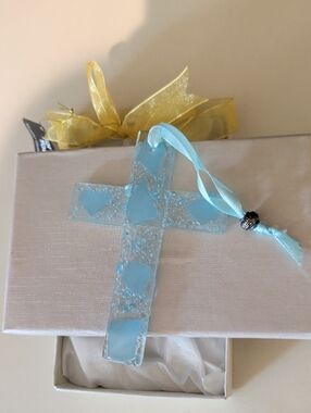 Murano Light Blue Glass Cross with Ribbon